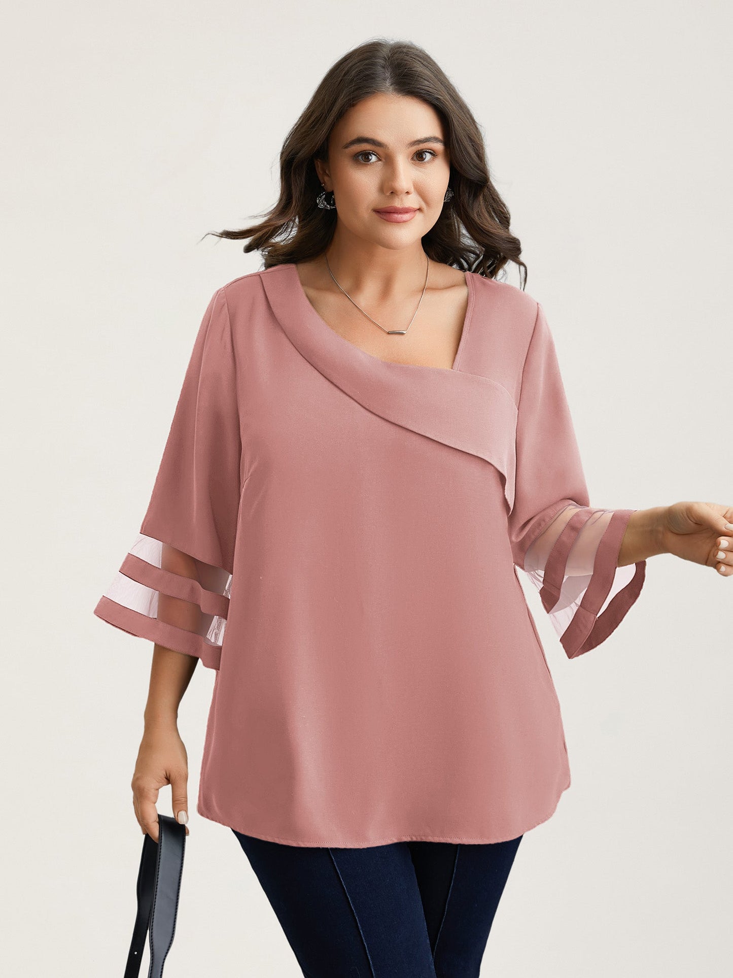 Sheer Sleeve Patchwork Asymmetrical Neckline Blouse