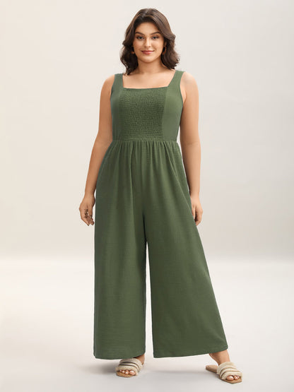 Shirred Pockets Wide-Leg Plain Jumpsuit