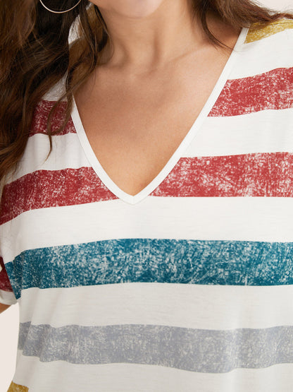 Striped Contrast Arc Hem V Neck Pocket Dress