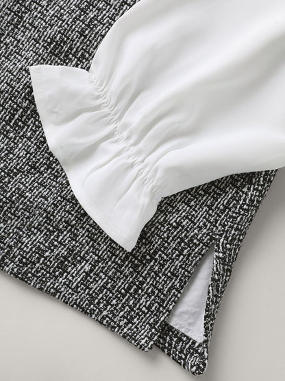 Tweed Patchwork Lantern Sleeve Blouse