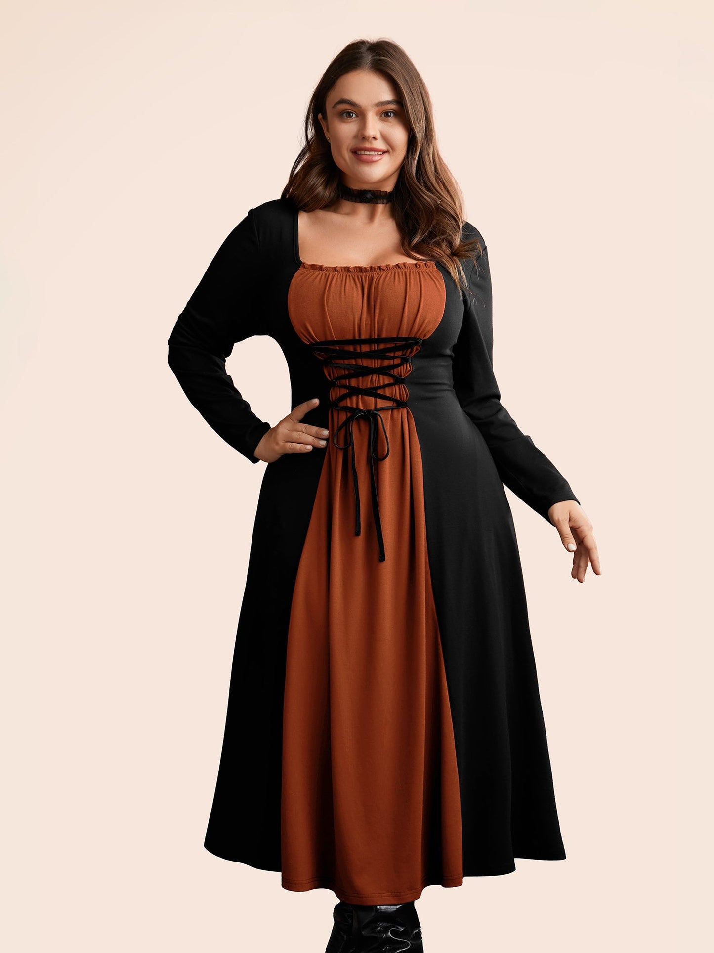 Stretchy Knit Adjustable Tie Frill Trim Midi Dress