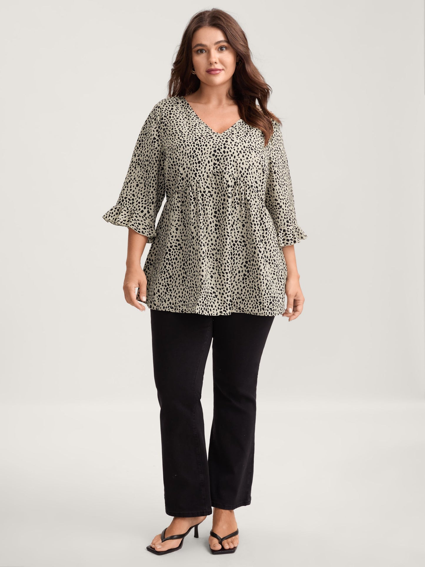 Leopard Print Ruffled Detail V-Neck Blouse