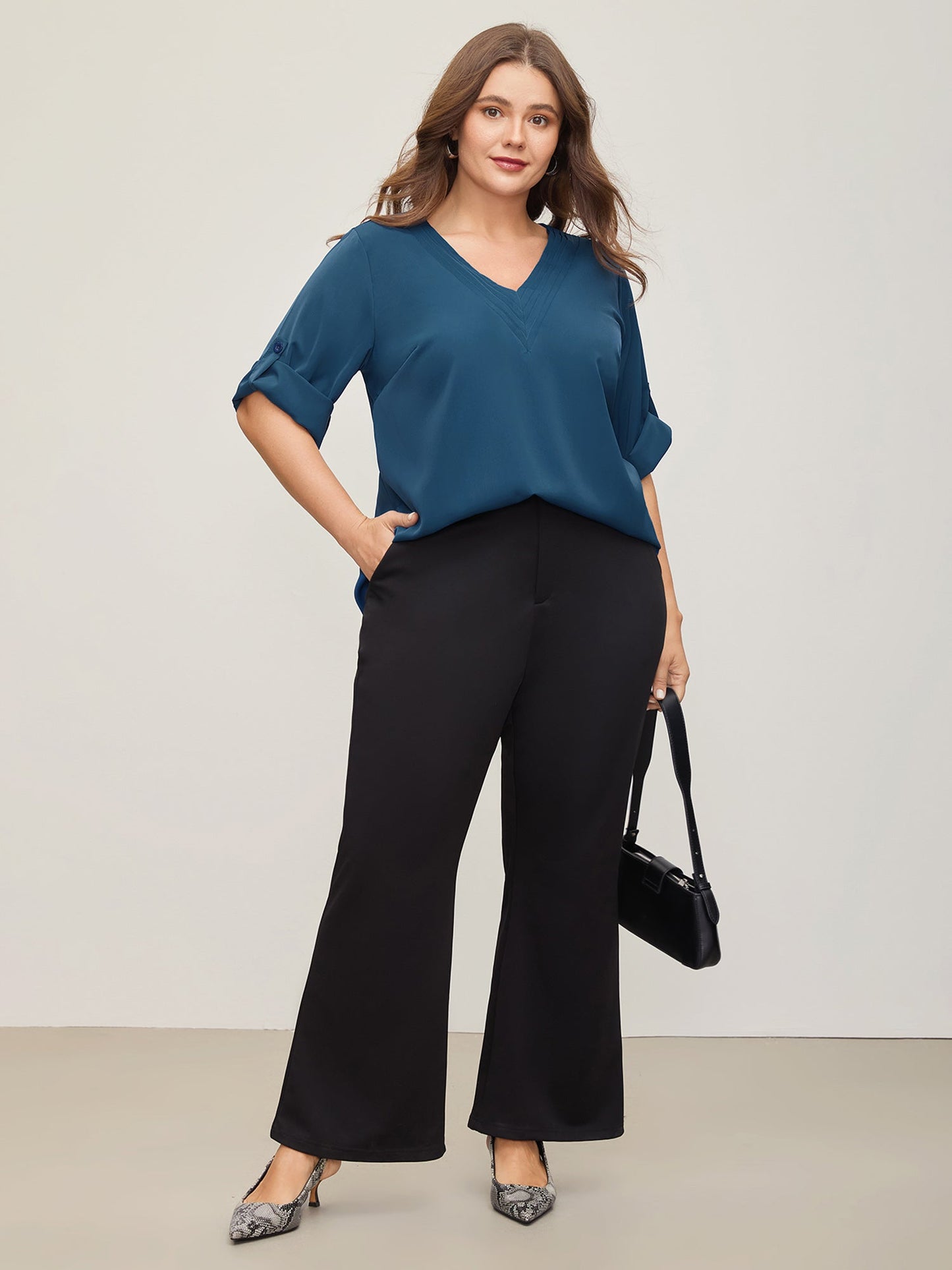 V Neck Plain Pleated Tab Sleeve Blouse