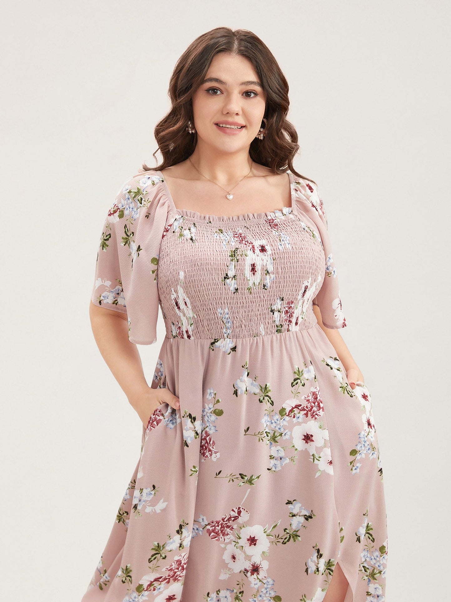 Floral Square Neck Ruffles Pocket Shirred Split Dress