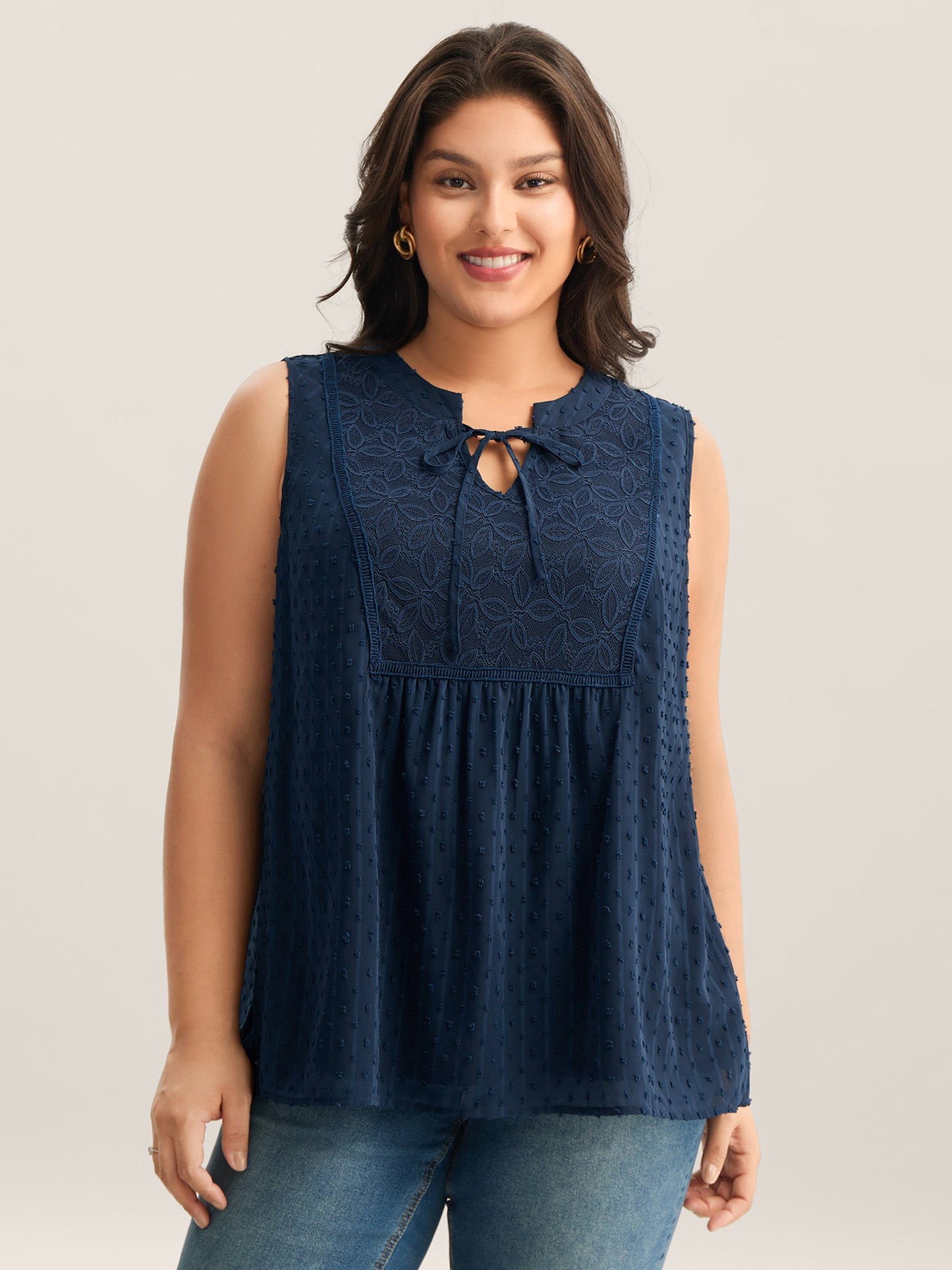 Textured Lace Detail Neck Tie Sleeveless Top