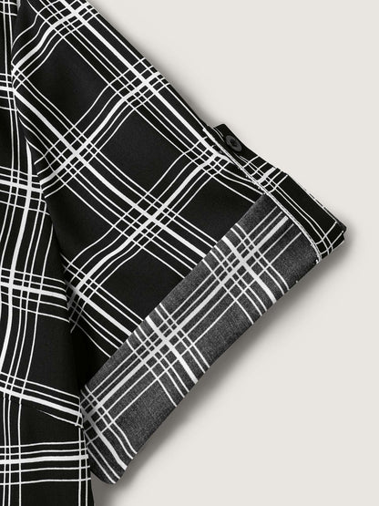 Plaid Print Tab Sleeve Notched Blouse