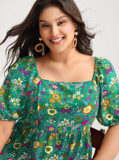 Floral Square Neck Fit and Flare Blouse