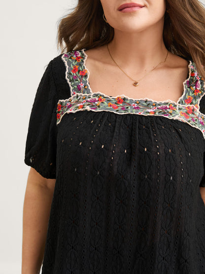 Eyelet Trim Floral Embroidered Solid T-Shirt
