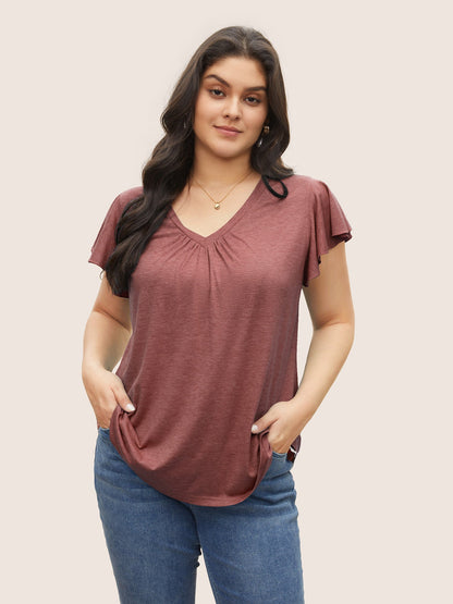Solid Heather Gathered Ruffle Sleeve T-shirt