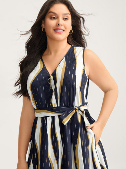 Gold Stamp Wavy Striped Lined Midi Dress