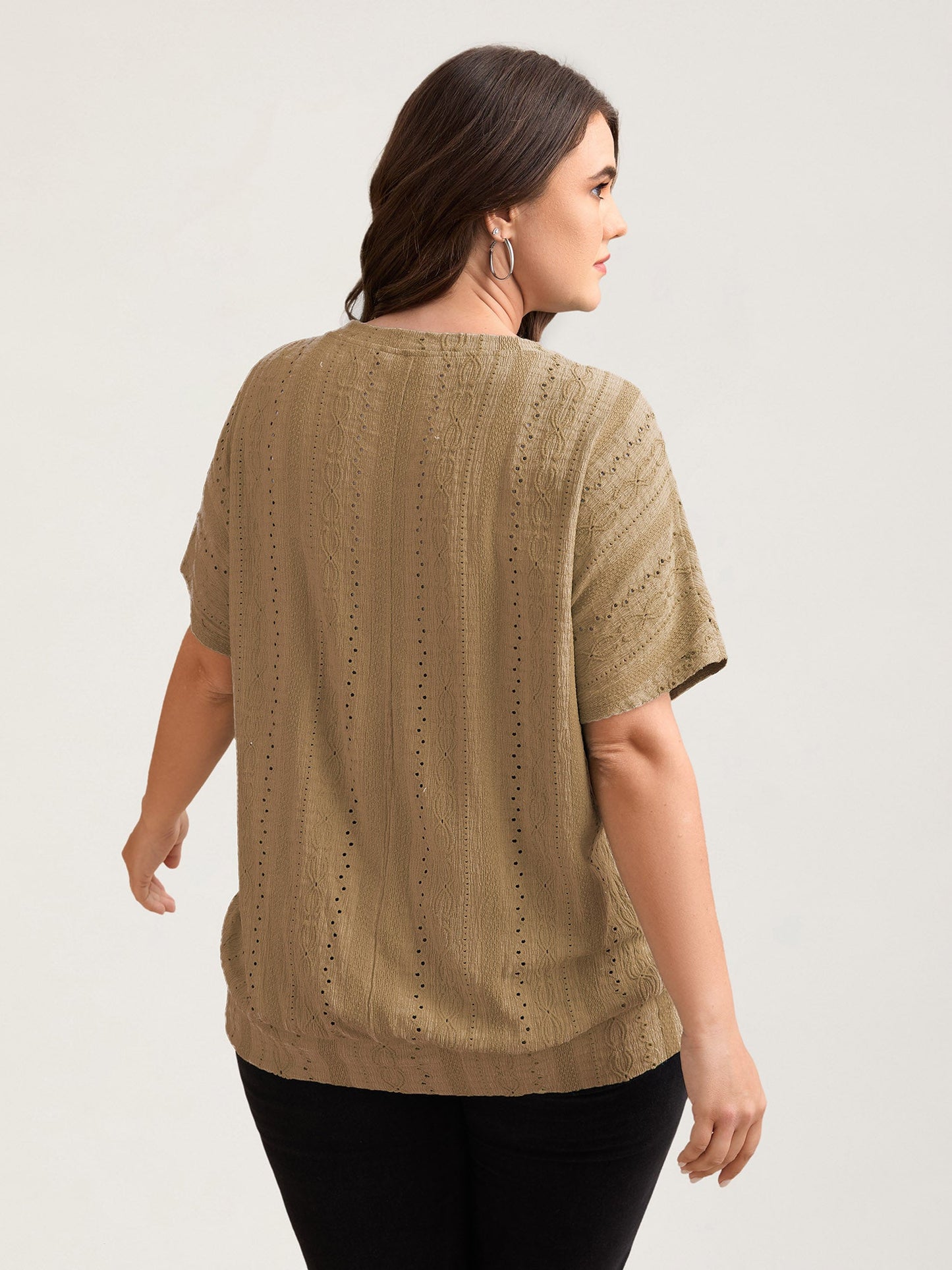 Eyelet Trim Stretchy Textured Plain Top