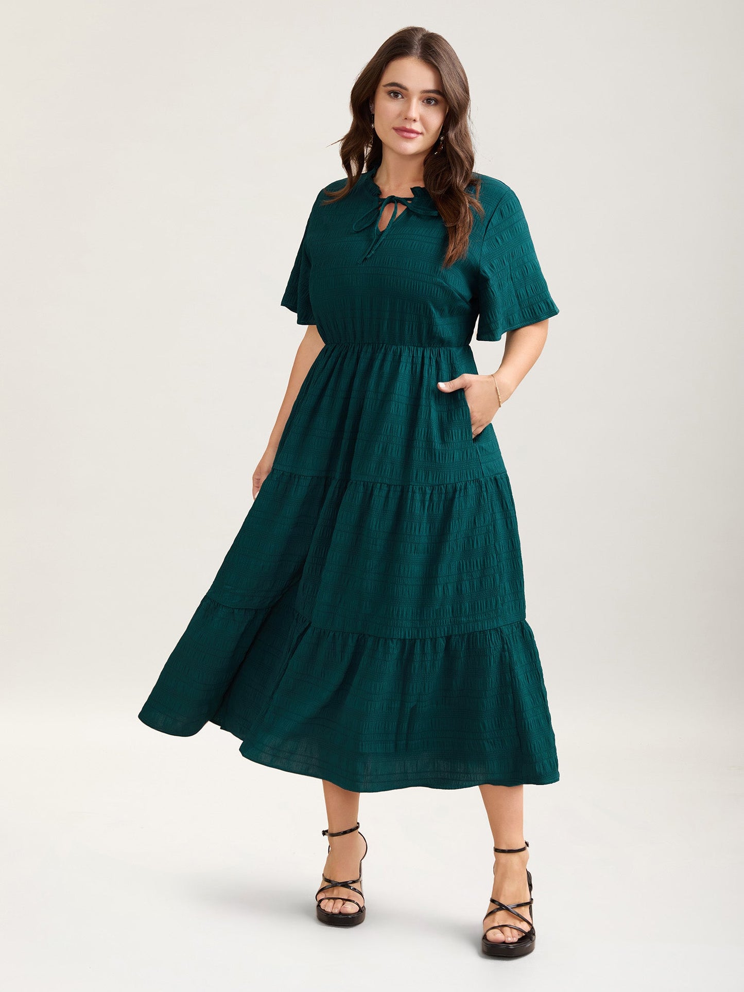 Stretchy Waist Frill Trim Pockets Midi Dress