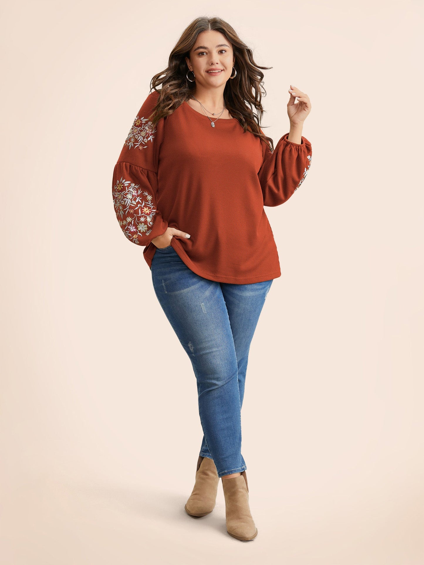 Waffle Knit Floral Embroidered Lantern Sleeve T-shirt