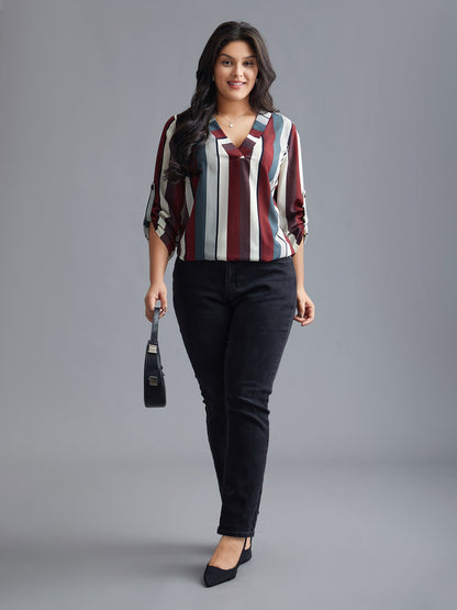 Vertical Striped V-Neck Tab Sleeve Blouse