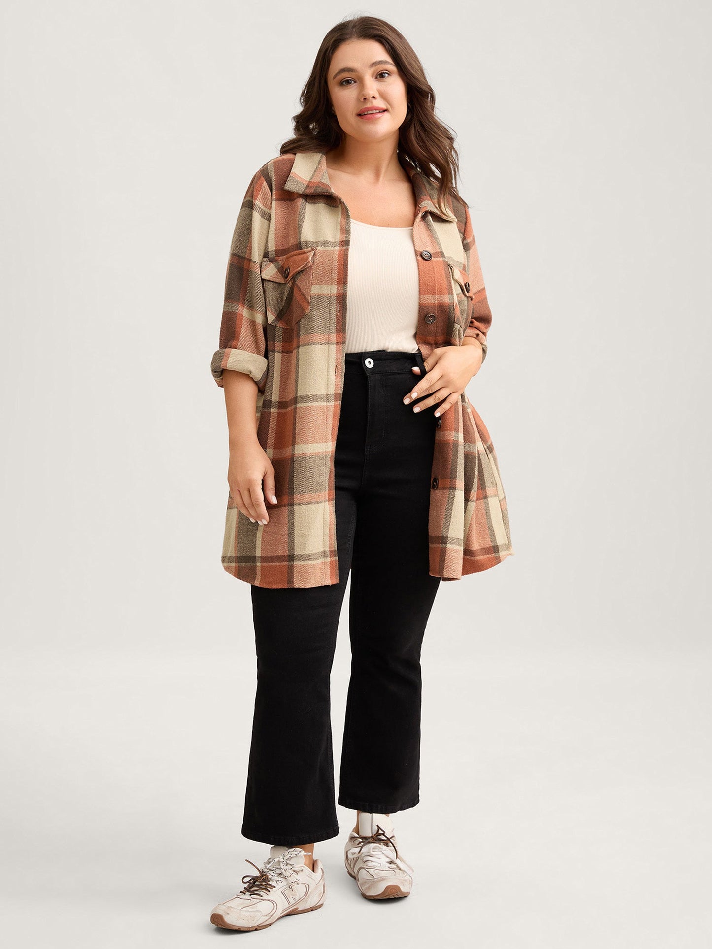 Plaid Chest Pockets Long Jacket