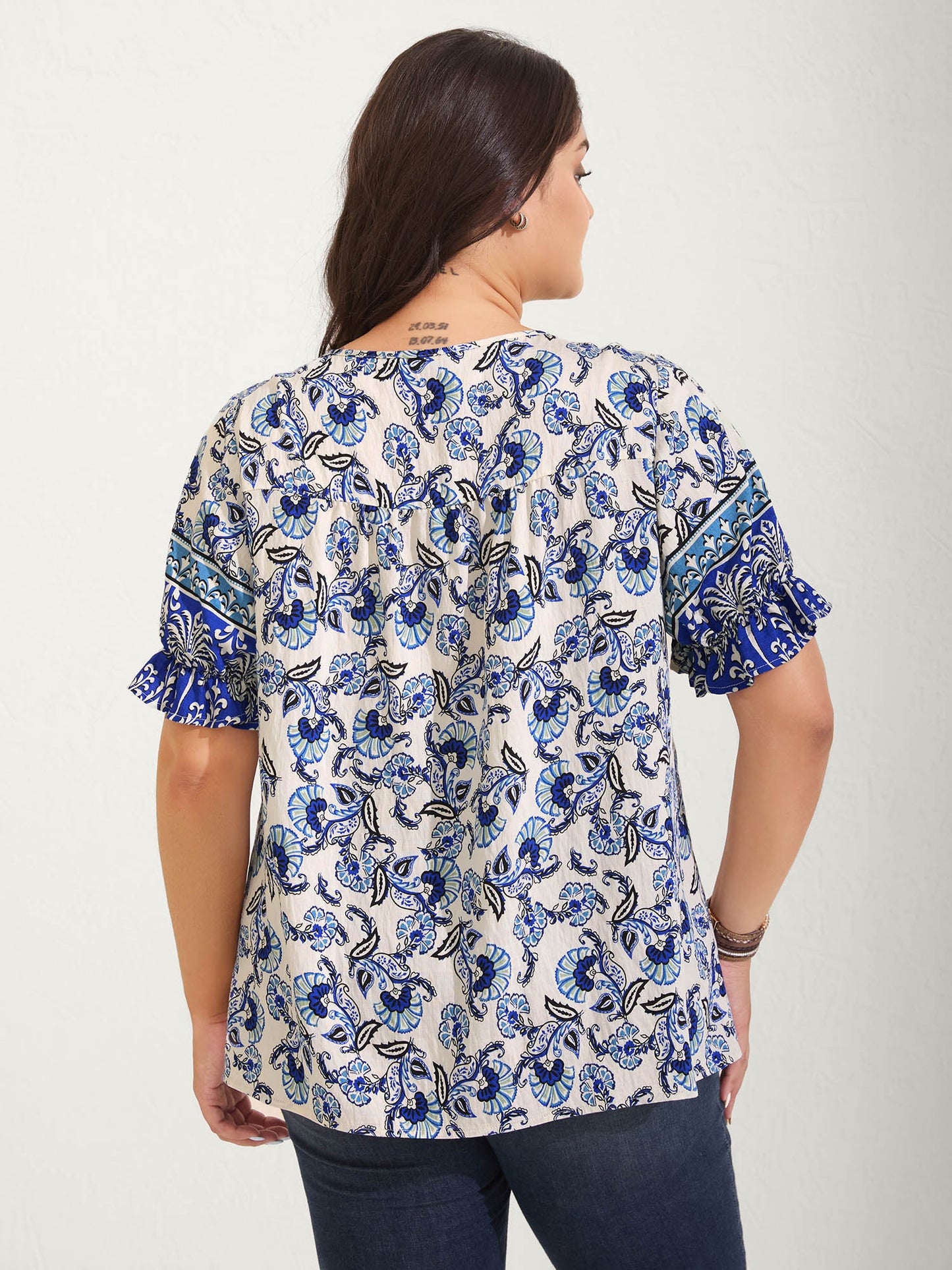 Boho Floral Print Neck Tassels Blouse