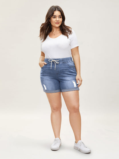 Distressed Drawstring Roll Hem Denim Shorts