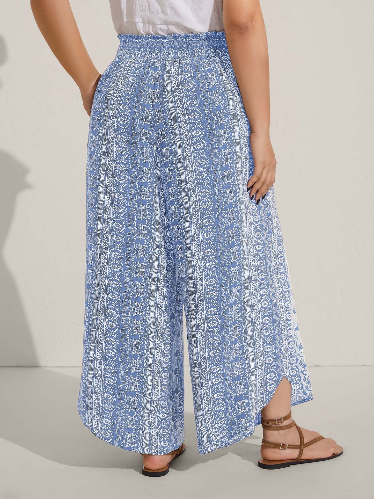 Boho Print Shirred Waist Wide-Leg Pants