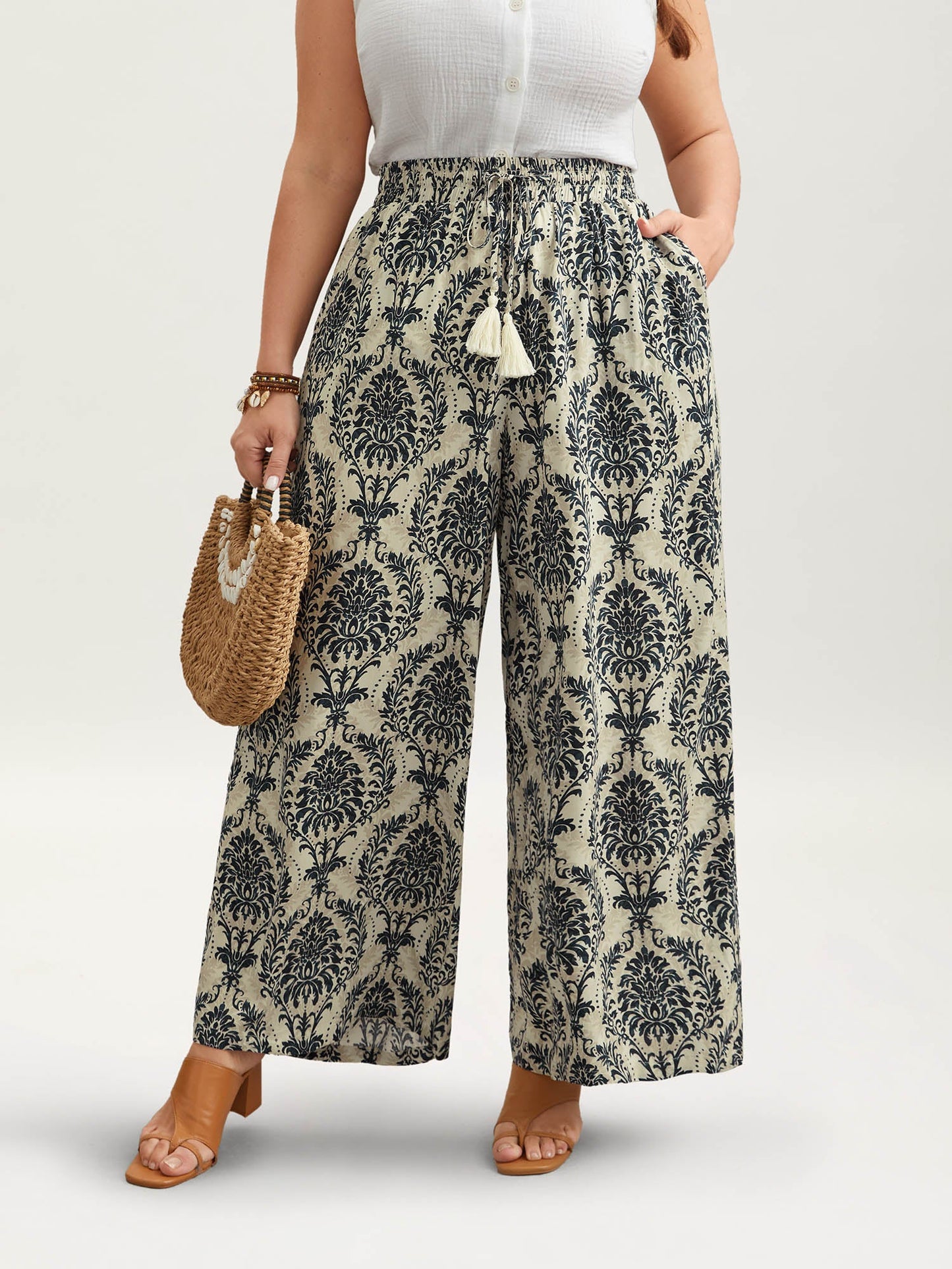 Damask Print Tassel Straight-Leg Pants
