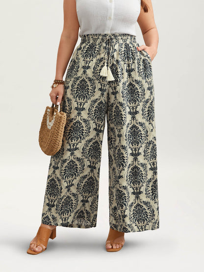 Damask Print Tassel Straight-Leg Pants