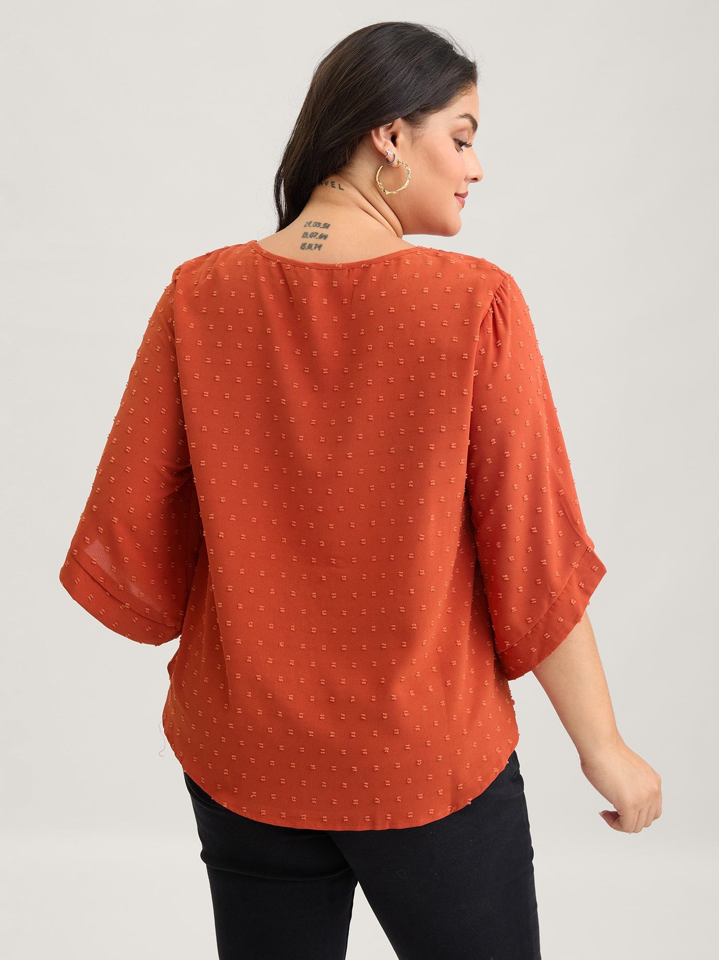 Textured Round Neck Bell Sleeve Blouse