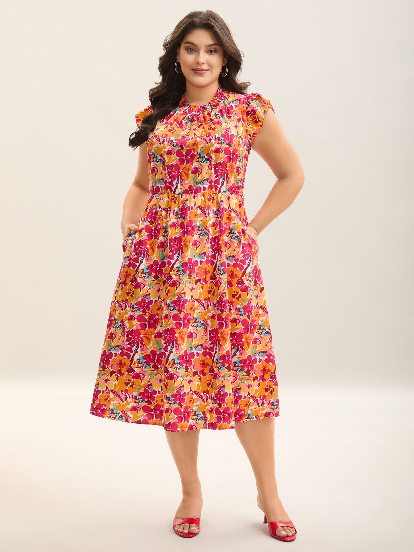 Floral Print Shirred Pockets Midi Dress