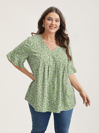 Ditsy Floral Pleated Flared Sleeve Shirt