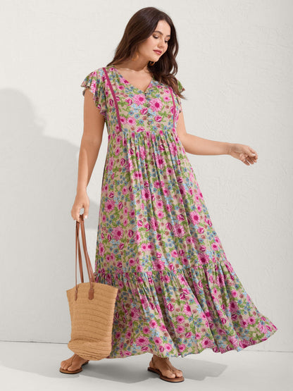 Sweet Floral Lace Trim Tiered Maxi Dress