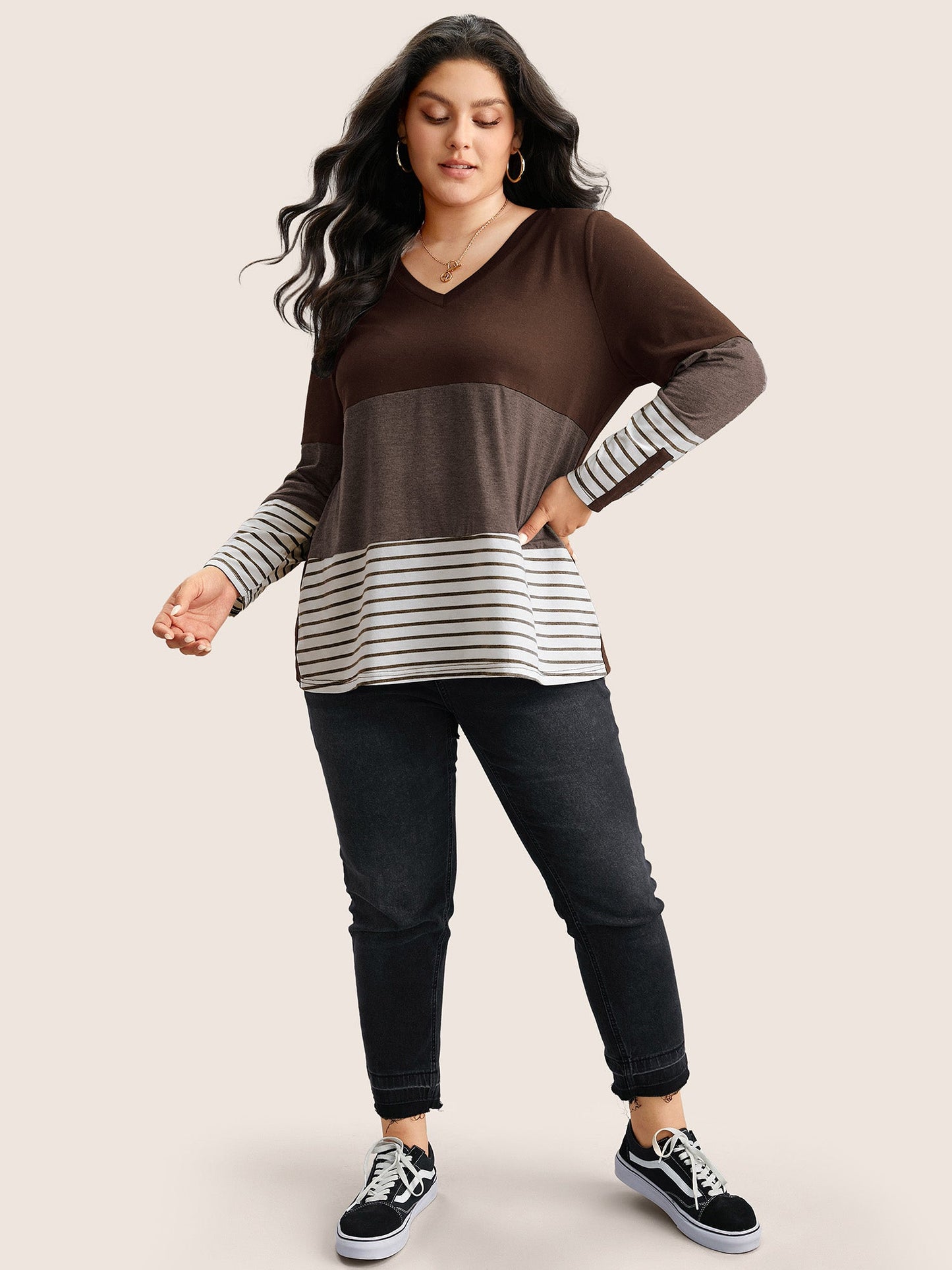 Colorblock Contrast Striped V Neck T-shirt