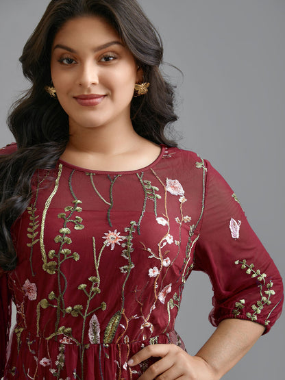 Floral Embroidered Elastic Waist Lined Midi Dress