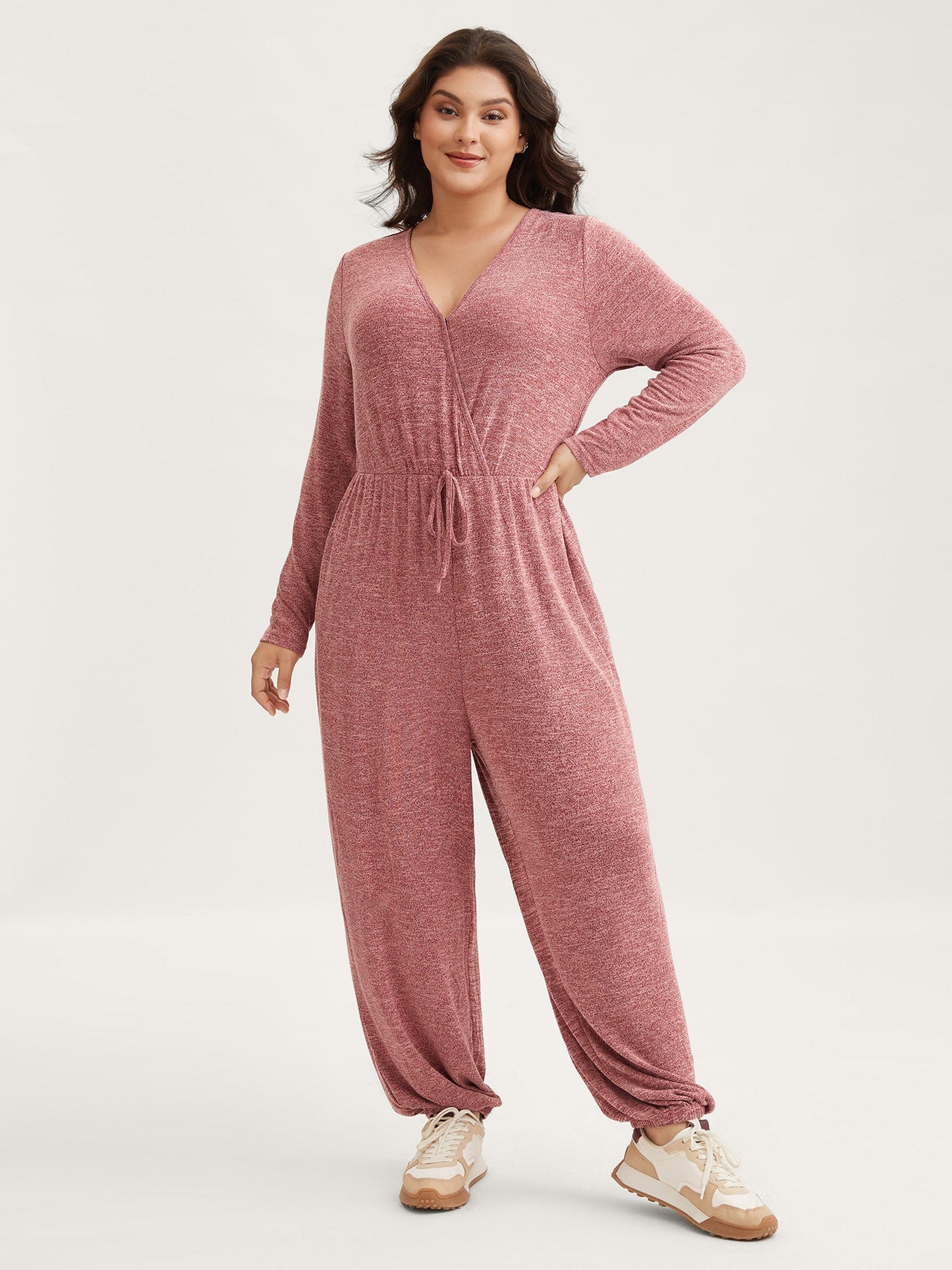 Elastic Waist Overlap Collar Lounge Jumpsuit