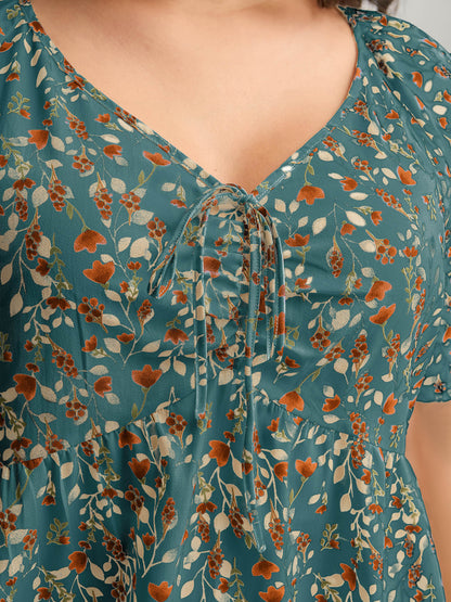 Bust-Comfort Floral Print Tie Blouse