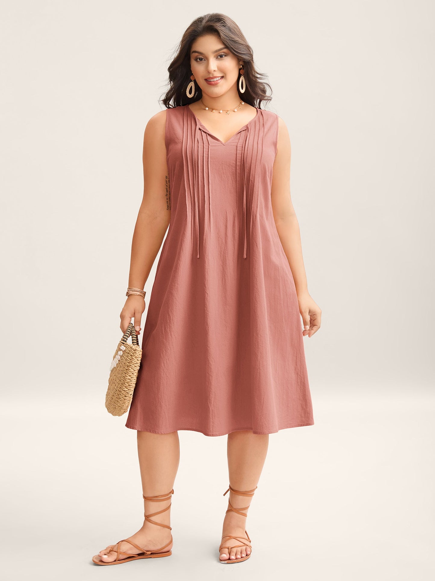 Cotton Toothpick Pleat Plain Midi Dress