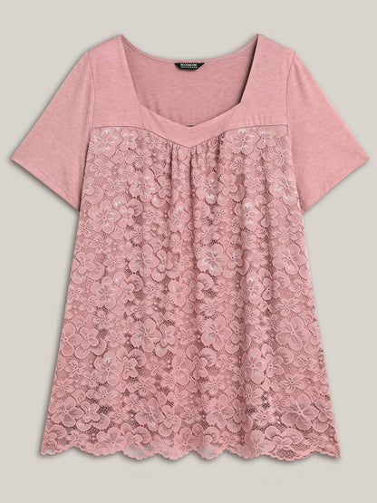 Stretchy Lace Spliced Sweetheart Plain Top