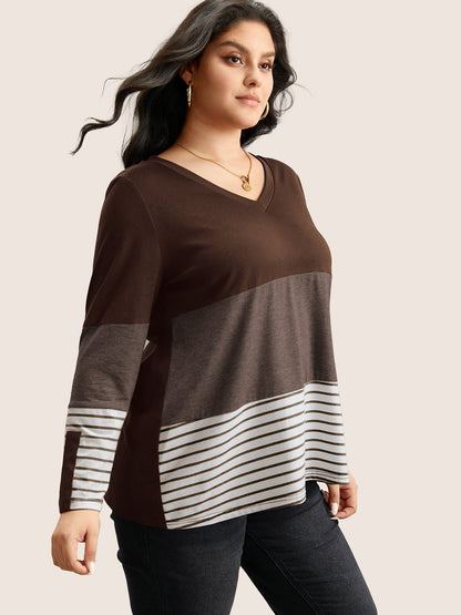 Colorblock Contrast Striped V Neck T-shirt