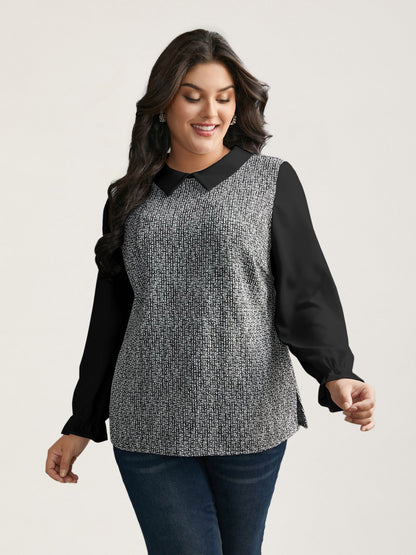 Tweed Patchwork Lantern Sleeve Blouse