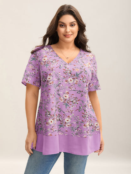 Garden Print Spliced V-Neck Blouse