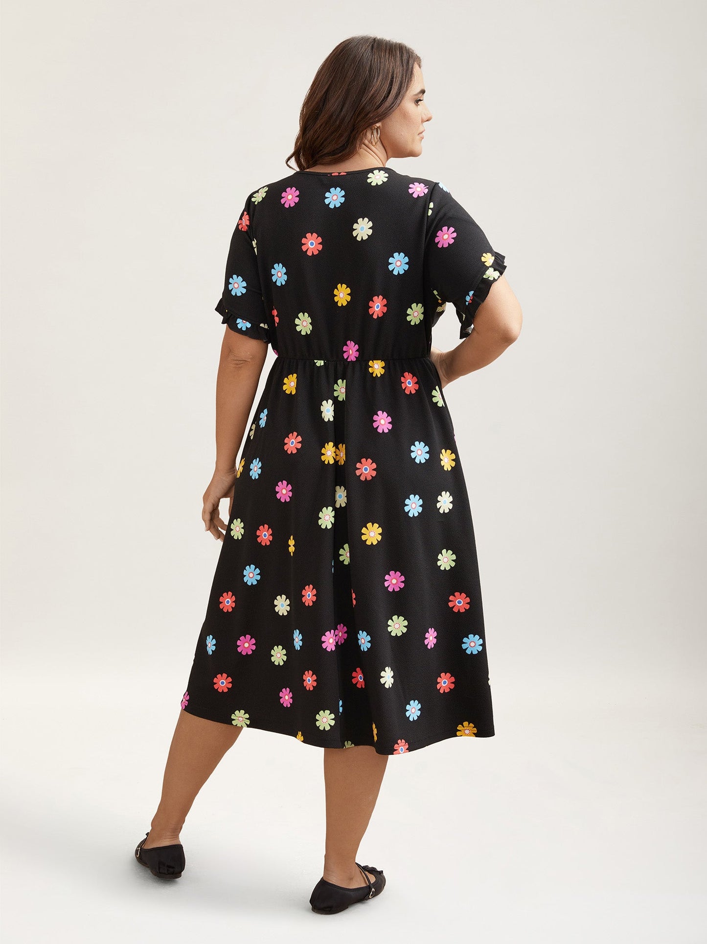 Stretchy-Waist Floral Print Pockets Midi Dress