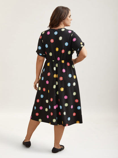 Stretchy-Waist Floral Print Pockets Midi Dress