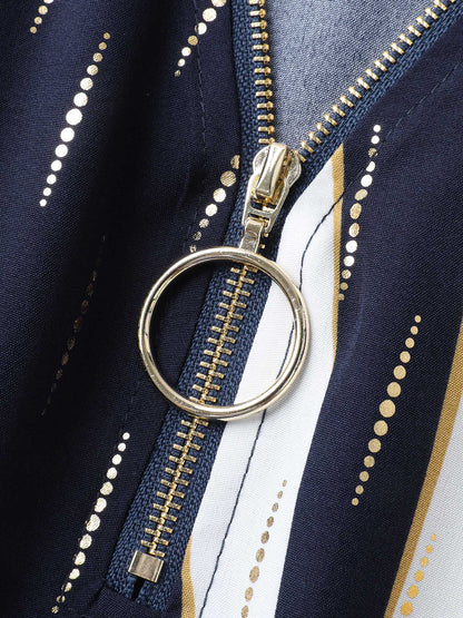 Gold Stamp Wavy Striped Lined Midi Dress