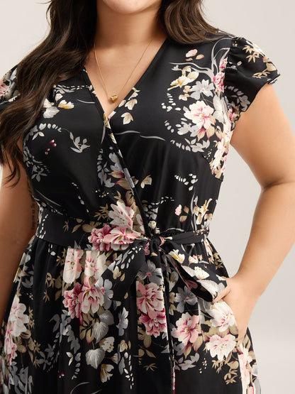 Midnight Blooms Wrap A-Line Midi Dress