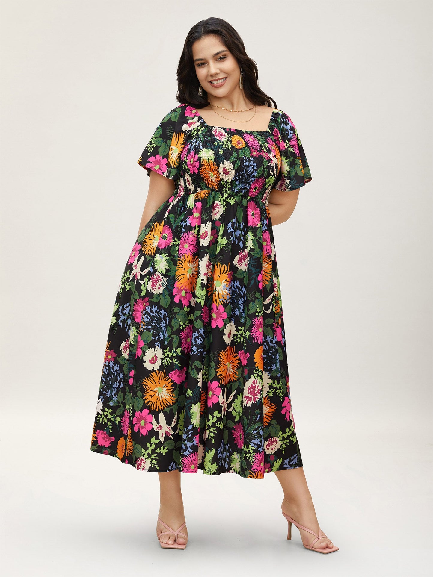 Floral Shirred Square Neck Pocket Midi Dress