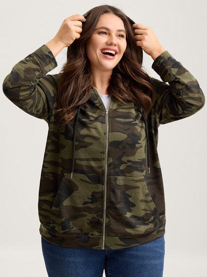 Camouflage Print Stretchy Zipper Hoodie