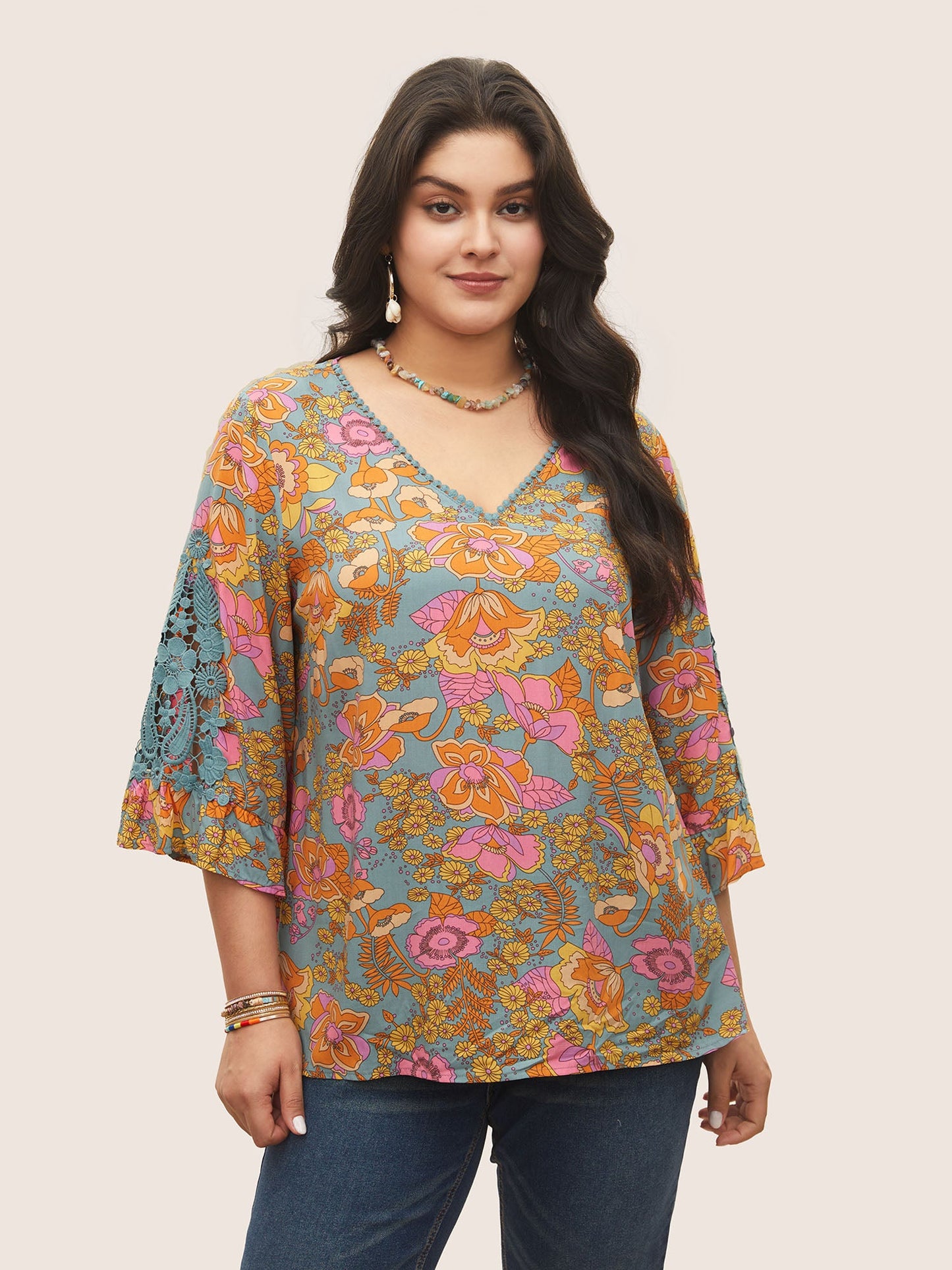 Boho Print Guipure Lace Ruffles Blouse