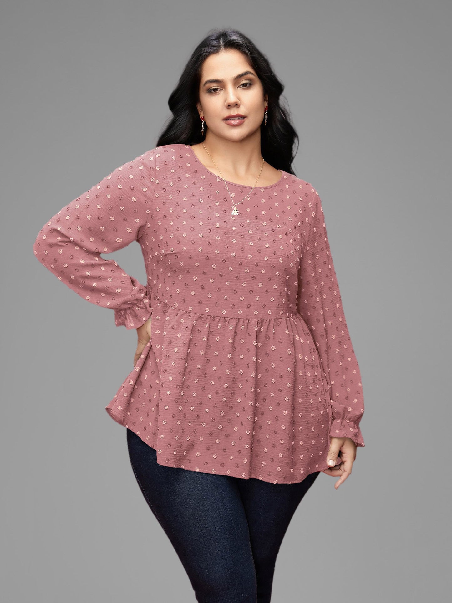 Textured Dot Elastic Cuffs A-line Blouse