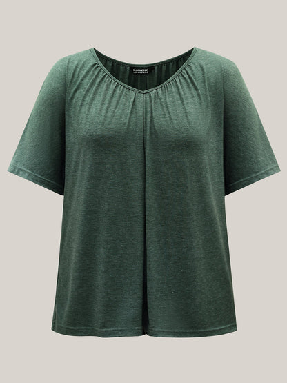 Pleated Plain Half-Sleeve Knit Top