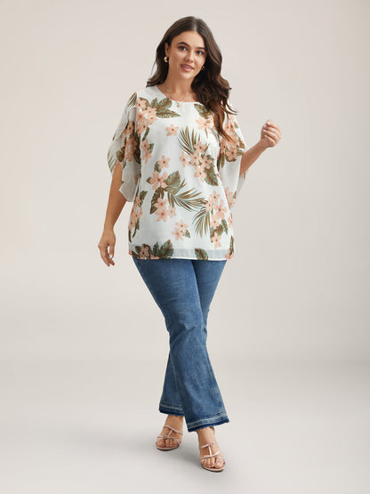Petal Sleeve Floral Round Neck Shirt