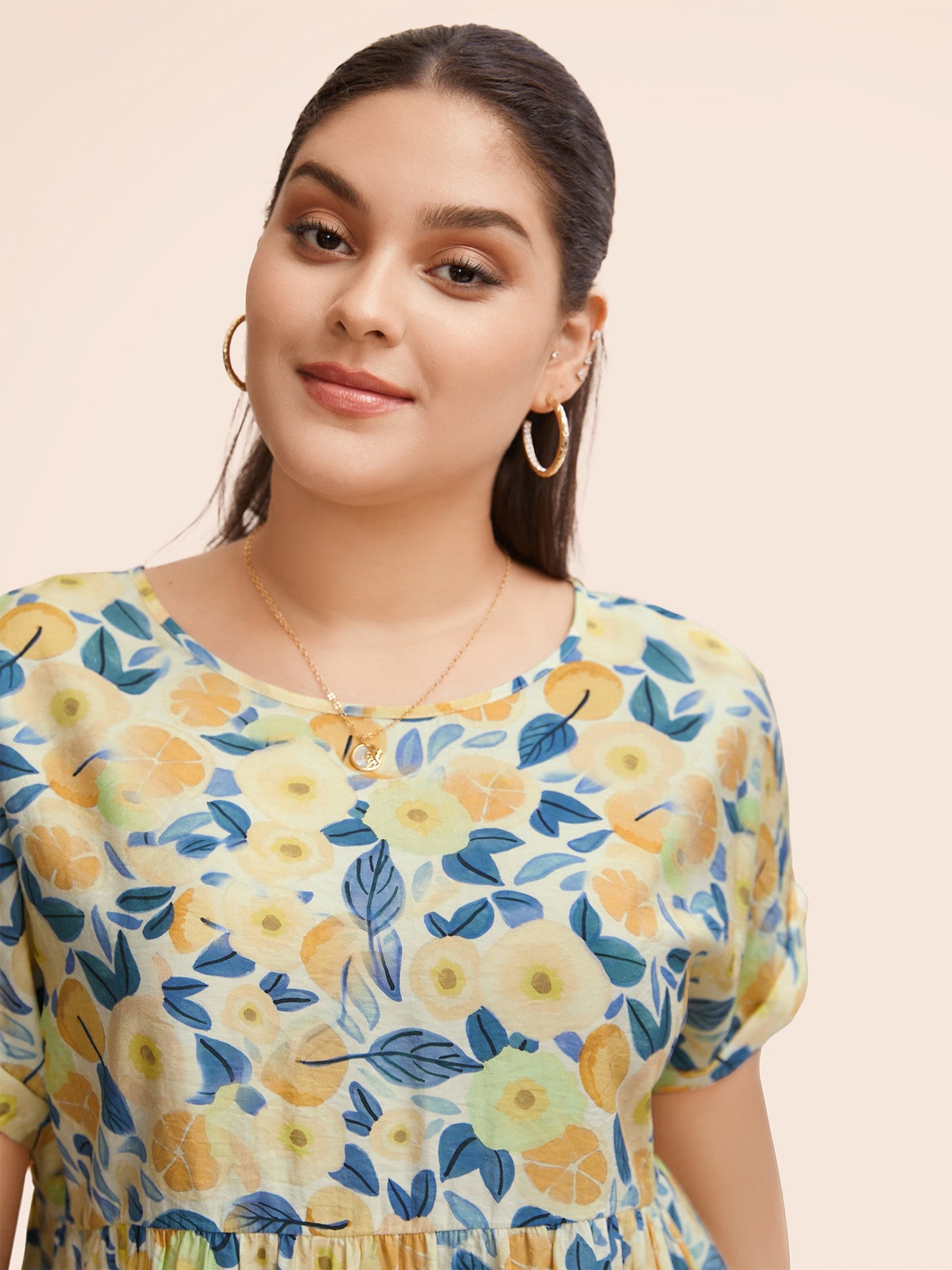 Fruit Print Curved Hem Batwing Sleeve Blouse