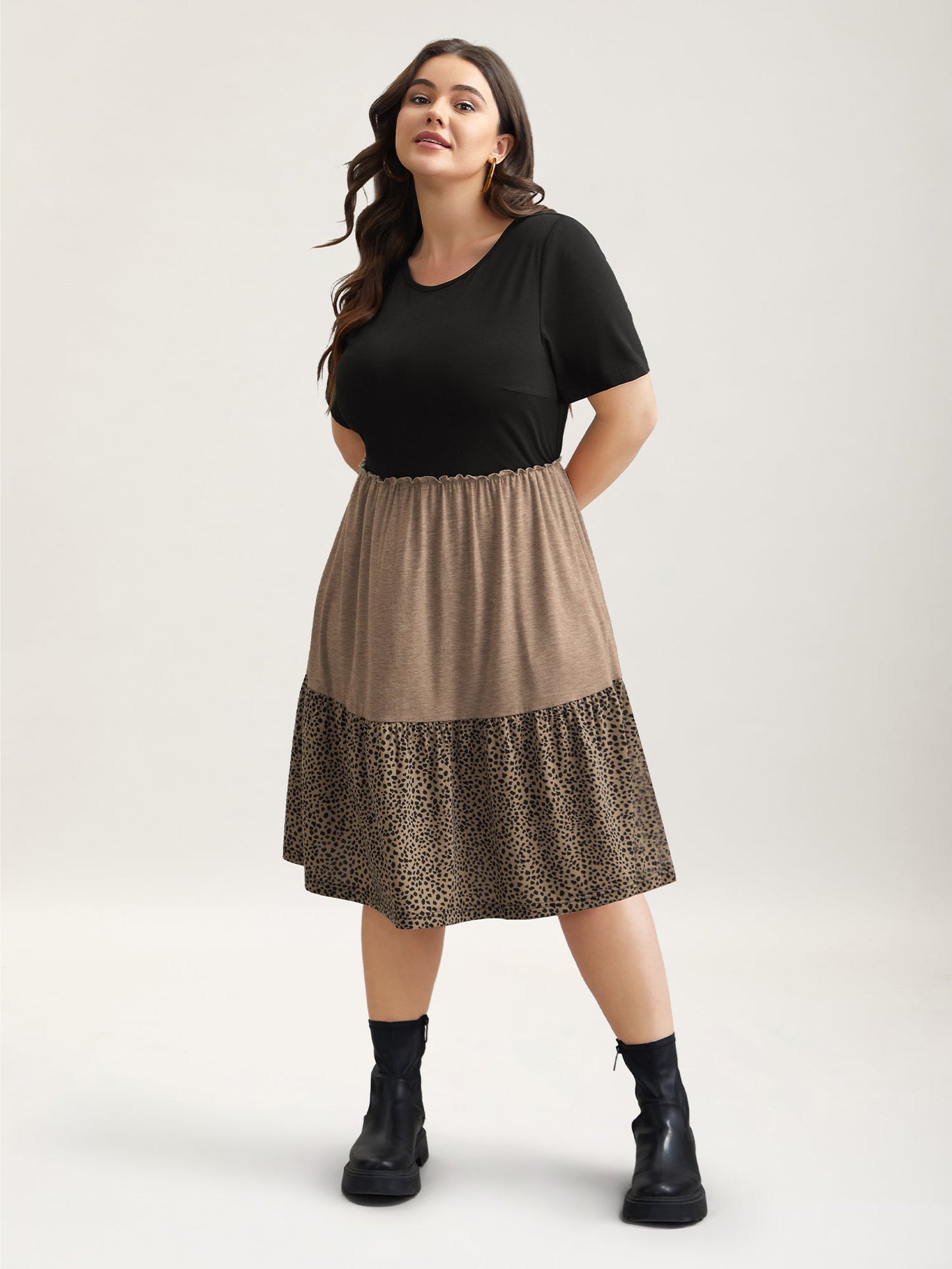 Leopard Print Color-Block Pockets Midi Dress