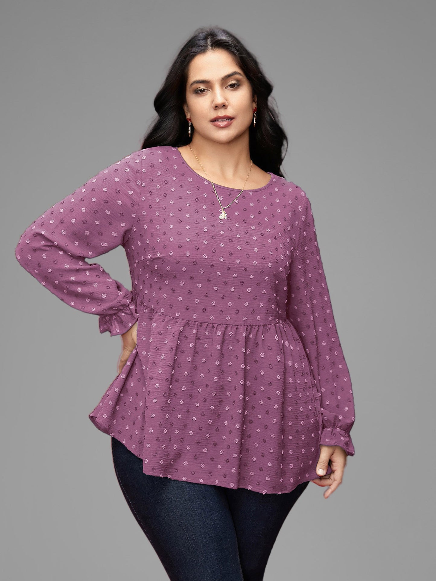 Textured Dot Elastic Cuffs A-line Blouse